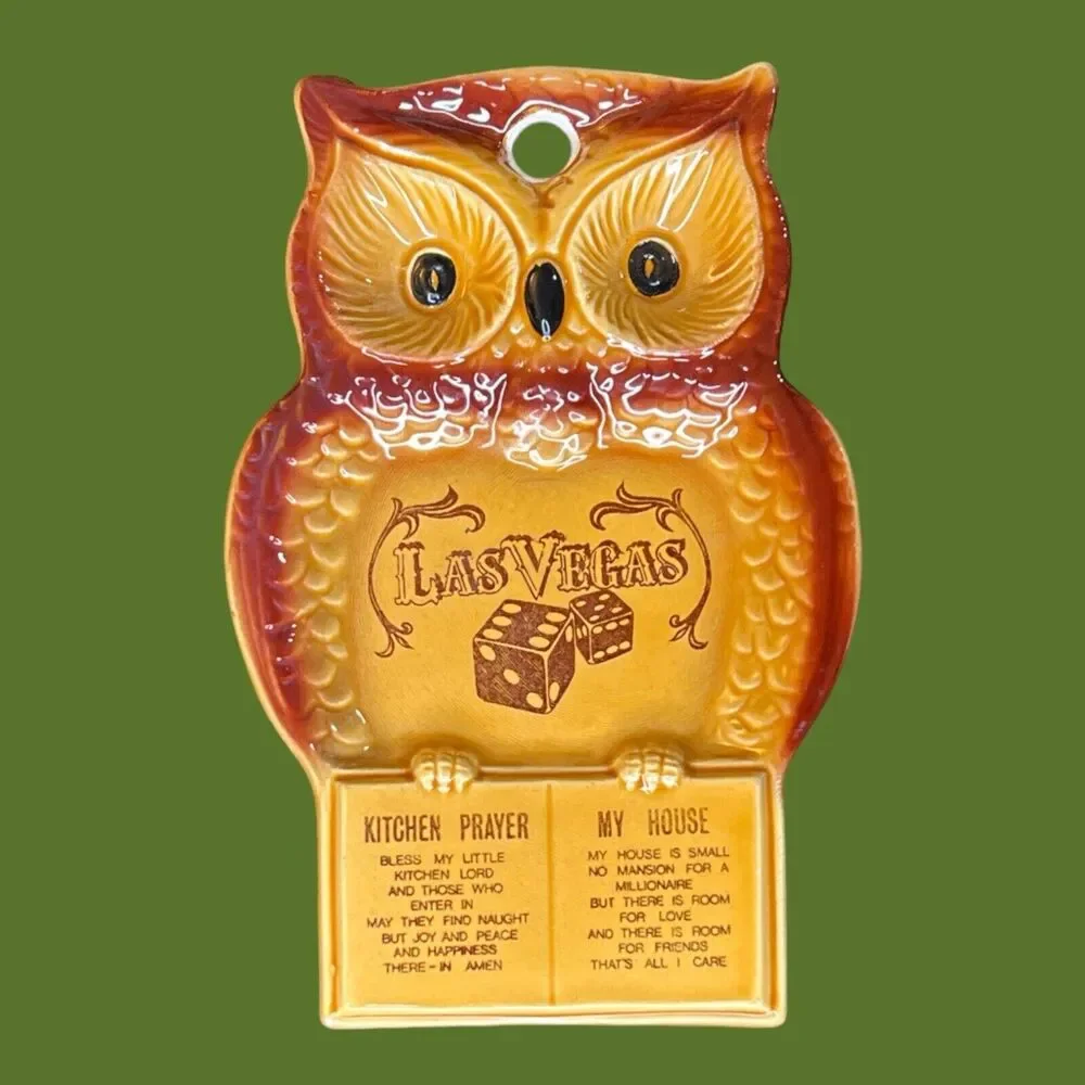 Vintage Owl Prayer Vegas Ceramic Kitchen Wall Plaque Spoon Rest Made In Japan